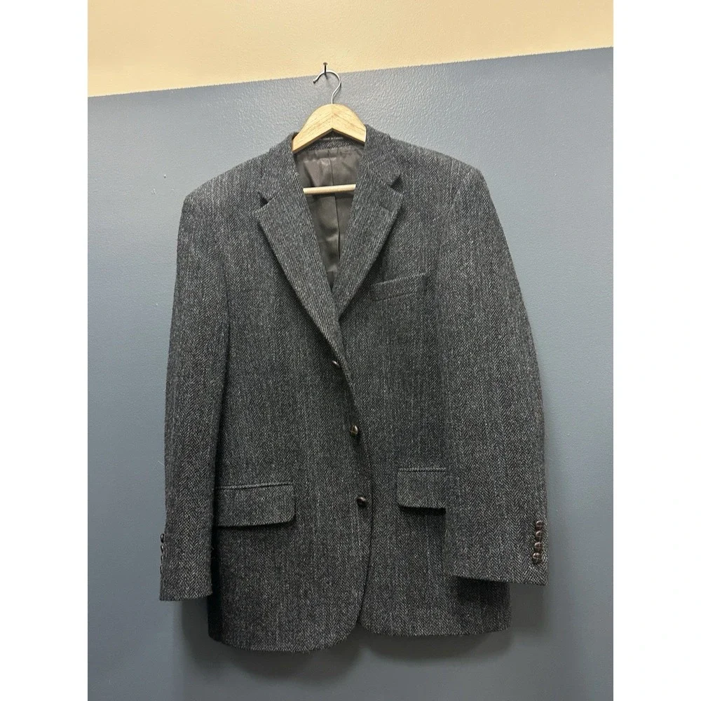 Patrick James Harris Tweed Blazer 42R Blue Gray Herringbone Wool Sport Coat EUC